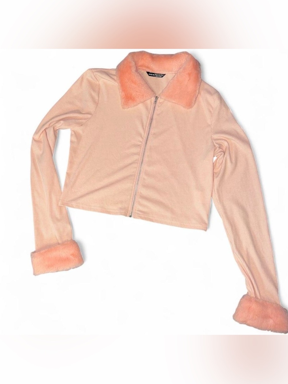 Pink faux fur collar and cuffs zip up sweater top size Large